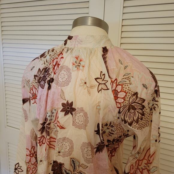 grizzly 90s Boho Floral Cotton Tunic Top Puff Sleeve Tie Hem Large - Picture 5 of 9